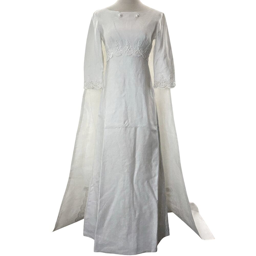 Vintage 60s White Wedding Dress w Train Empire Waist Union Made Women's XS